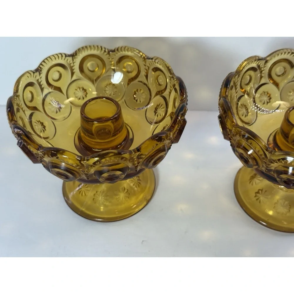 Vintage LE Smith Amber Moon and Star Glass Candle Holder Footed Compote Bowl Lot